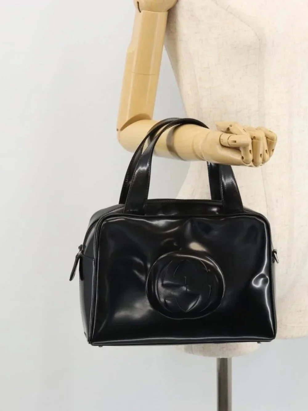 GUCCI Hand Bag Patent leather Black Silver 000 2058 0505 Auth 175262